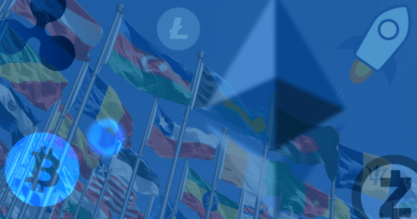 Multiple national flags on flagpoles with cryptocurrency symbols, including Bitcoin, Ethereum, and Litecoin, superimposed over the image.