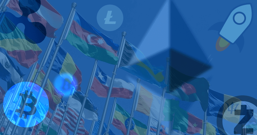 Multiple national flags on flagpoles with cryptocurrency symbols, including Bitcoin, Ethereum, and Litecoin, superimposed over the image.