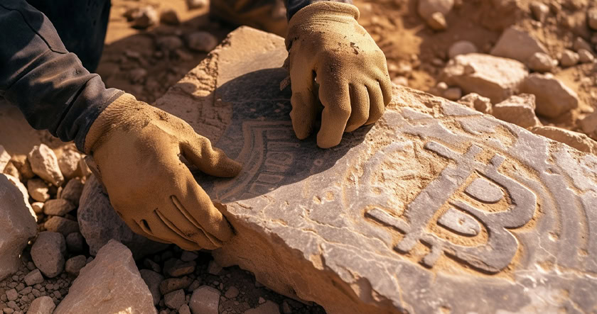 Two gloved hands examine a large stone slab with the Bitcoin symbol carved into it, surrounded by rocks and dirt, suggesting an archaeological dig site.