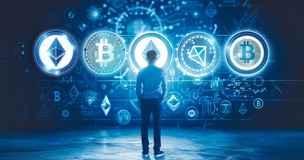 A person stands in front of digital screens displaying various cryptocurrency symbols including Bitcoin and Ethereum.