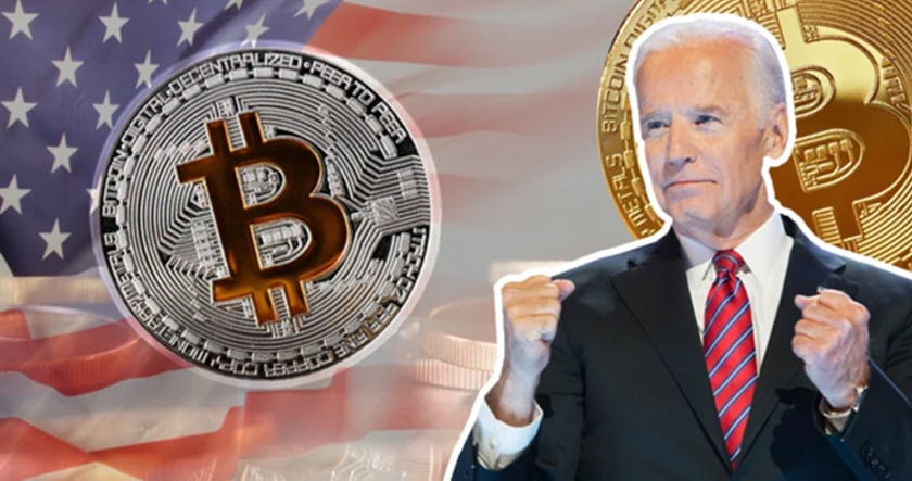A man in a suit stands with clenched fists in front of an American flag backdrop, with large Bitcoin symbols superimposed beside him.