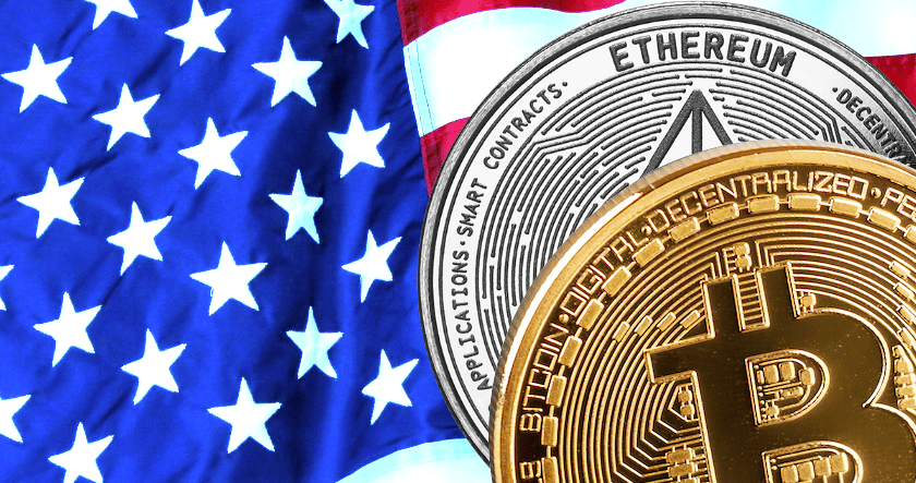 Close-up of physical Bitcoin and Ethereum coins in front of a United States flag.