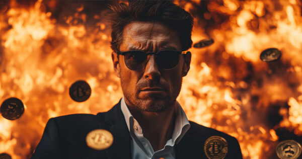 A man in a suit and sunglasses stands in front of large flames, with Bitcoin coins floating around him.