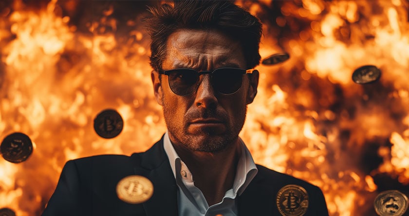 A man in a suit and sunglasses stands in front of large flames, with Bitcoin coins floating around him.