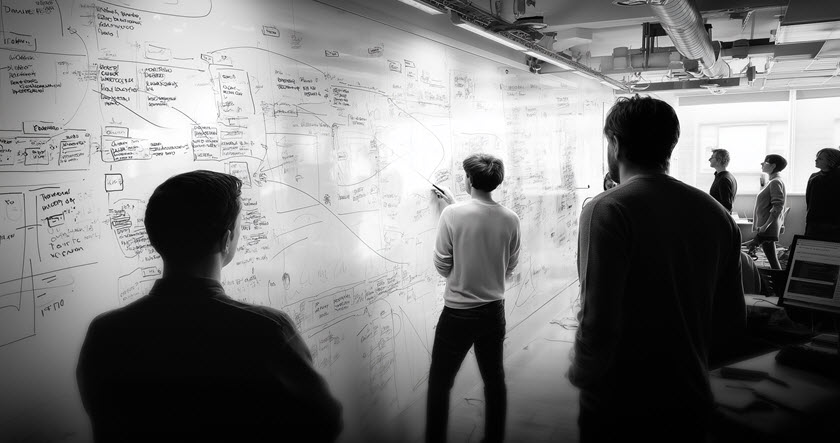 A group of people stand around a large whiteboard covered with diagrams, notes, and charts in a bright office space.