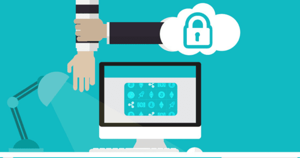 Illustration of a hand grabbing another hand above a computer monitor, with a cloud and padlock symbol, suggesting internet security or protection.