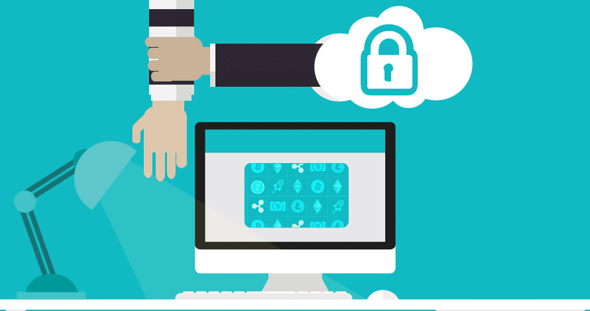 Illustration of a hand grabbing another hand above a computer monitor, with a cloud and padlock symbol, suggesting internet security or protection.