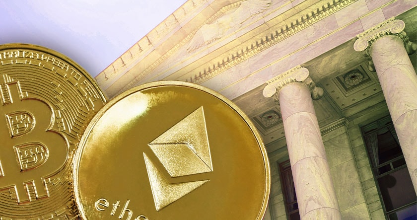 Gold-colored Bitcoin and Ethereum coins are shown in front of a classical government building with large columns.