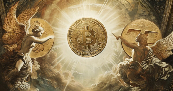 Two angels face a radiant golden Bitcoin symbol at the center, with another coin on each side, against a dramatic, ornate background.