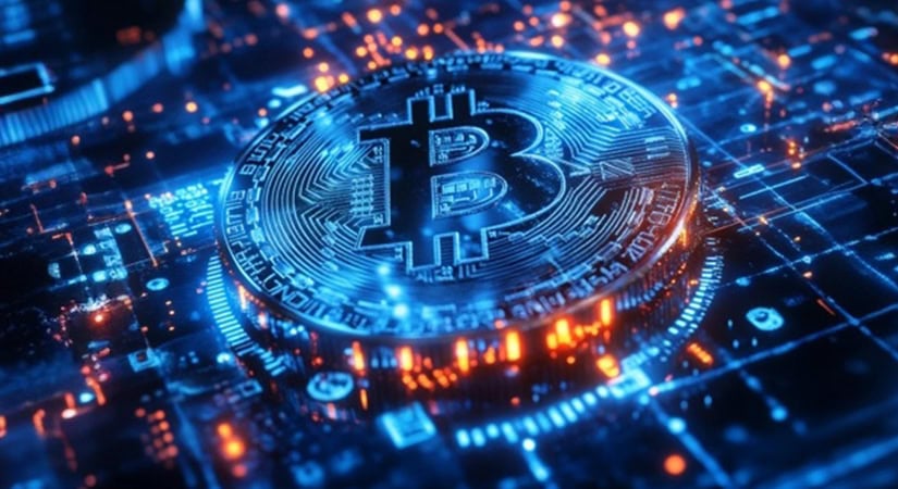 A digital rendering of a Bitcoin coin rests on a glowing circuit board, symbolizing cryptocurrency and blockchain technology.