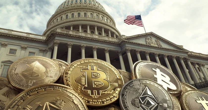 A pile of cryptocurrency coins, including Bitcoin and Ethereum, is shown in front of the United States Capitol building with an American flag in the background.