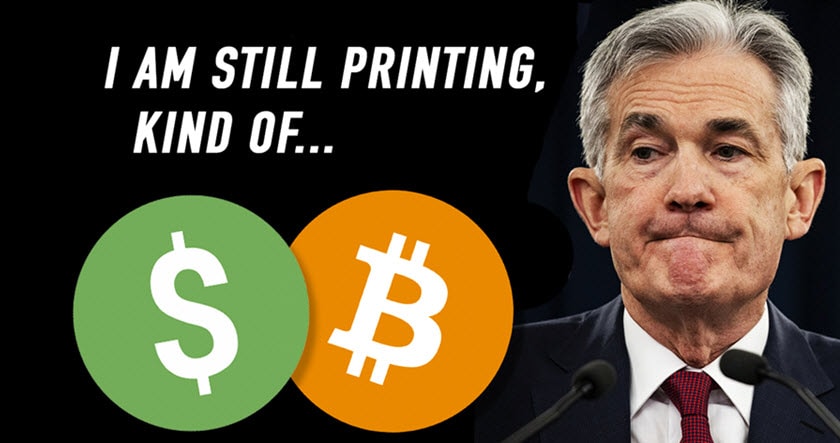 A man in a suit stands next to dollar and bitcoin symbols, with the text "I AM STILL PRINTING, KIND OF..." displayed above.