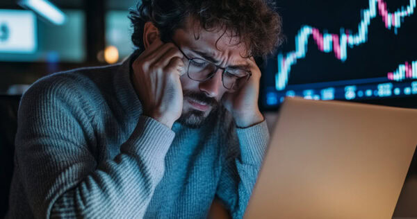 A man wearing glasses looks stressed while working on a laptop, with a declining stock chart displayed on a monitor in the background.