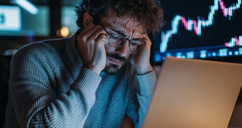 A man wearing glasses looks stressed while working on a laptop, with a declining stock chart displayed on a monitor in the background.
