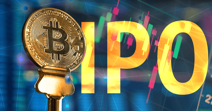 A Bitcoin coin in front of large yellow "IPO" letters with a digital stock chart background.