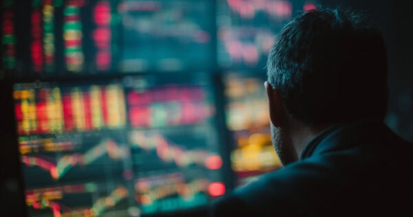 A person observes multiple monitors displaying colorful financial charts and data in a dimly lit setting.
