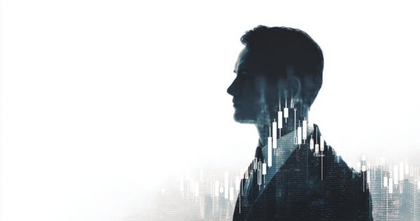 A silhouette of a man in a suit, overlaid with white and gray financial bar graphs and charts, symbolizing business, finance, and analytics. The background is white and minimalistic.