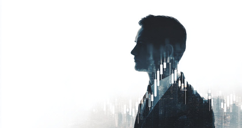 A silhouette of a man in a suit, overlaid with white and gray financial bar graphs and charts, symbolizing business, finance, and analytics. The background is white and minimalistic.