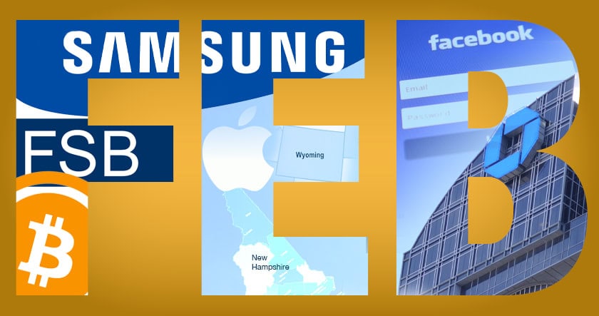 The letters "FEB" are filled with images and logos of Samsung, Facebook, Apple, Bitcoin, a map, and a building facade, set against a gold background.