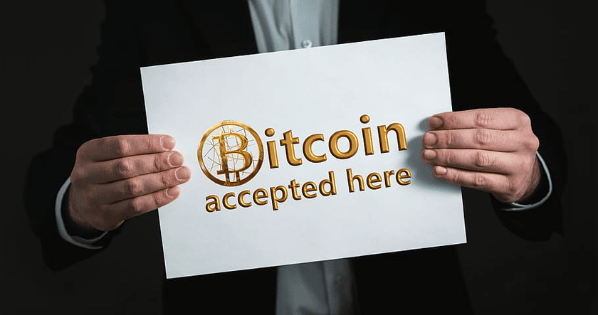 A person in a suit holds a sign that reads "Bitcoin accepted here" with a gold Bitcoin symbol in front of the word "Bitcoin.