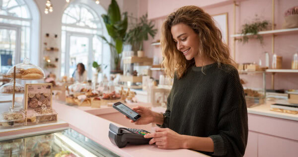 A woman stands at a bakery counter, smiling as she uses her smartphone to make a contactless payment on a card reader. Pastries and cakes are displayed in the foreground.