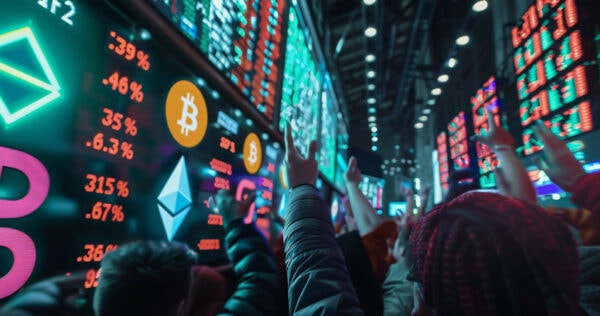People raise their hands in front of large electronic screens displaying cryptocurrency symbols, prices, and market changes in a busy trading environment.