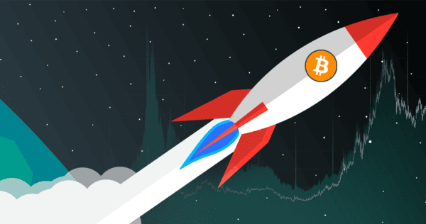 Illustration of a rocket with a Bitcoin logo launching upward, with a dark background showing a fluctuating financial chart.