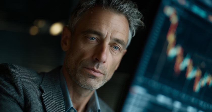 A middle-aged man in a suit looks at a computer screen displaying financial charts and data.