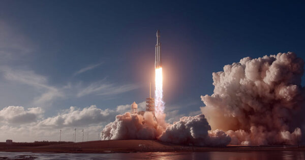 A rocket launches into the sky, leaving a trail of fire and smoke, with clouds billowing around the launch pad under a partly cloudy sky.
