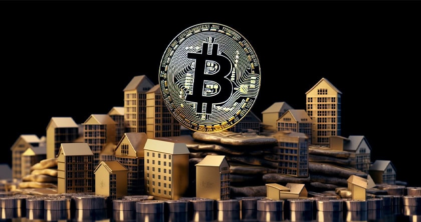 A large Bitcoin symbol stands among stacks of coins and miniature buildings, representing the intersection of cryptocurrency and real estate.