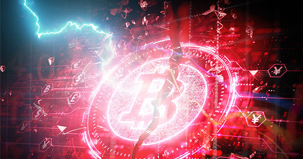 A glowing red Bitcoin symbol surrounded by digital currency icons, with lightning and digital effects in the background.