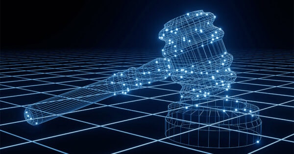 A digital wireframe of a judge's gavel and sound block appears over a dark, grid-like background.