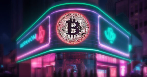 A neon-lit building at night displays a large Bitcoin symbol sign on its corner, with glowing accents and vibrant colors.