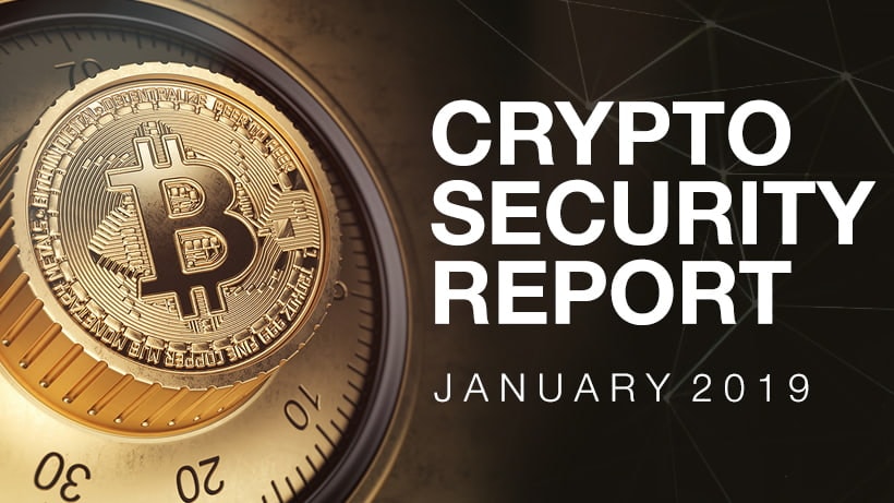 A close-up of a Bitcoin coin on a combination lock, next to the text "Crypto Security Report January 2019" on a dark background.