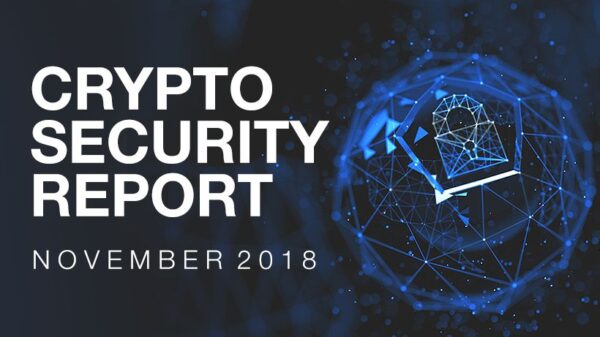 Crypto Security Report November 2018 text on a dark background with a digital padlock symbol surrounded by network-like lines and nodes.