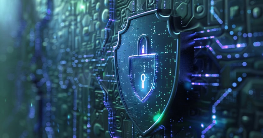A digital shield with a keyhole and padlock symbol glows on a circuit board background, representing cybersecurity and data protection. The scene features blue and green neon lights and a futuristic, high-tech style.