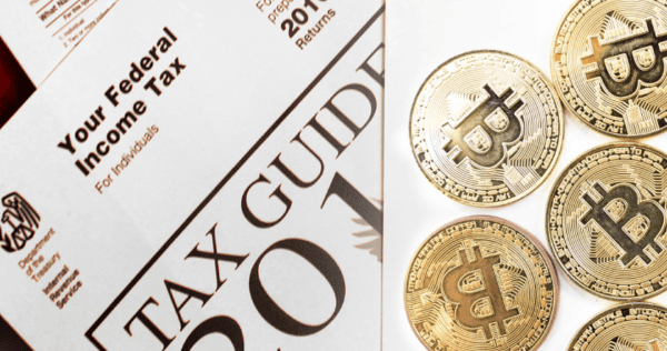 A U.S. federal tax form and tax guide on the left, next to several physical Bitcoin tokens on the right, illustrating the link between taxes and cryptocurrency.