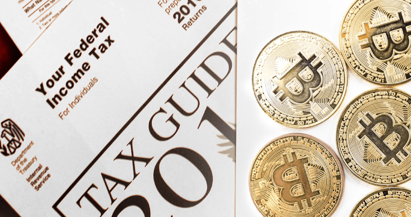 A U.S. federal tax form and tax guide on the left, next to several physical Bitcoin tokens on the right, illustrating the link between taxes and cryptocurrency.