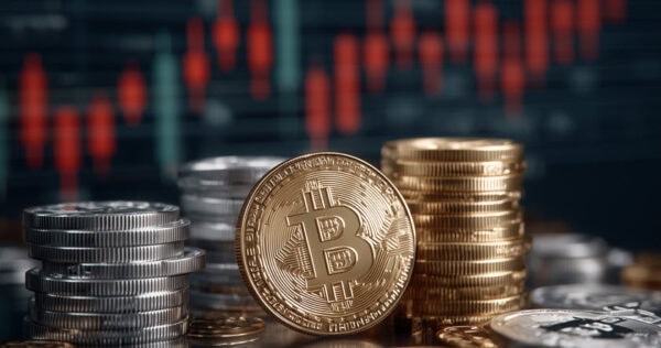 Stacks of coins with a prominent Bitcoin symbol in the foreground, with a blurred financial chart featuring red and green candlesticks in the background.