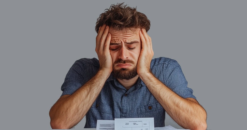 A man with a beard sits at a table holding his head in his hands, looking stressed while staring at papers in front of him against a plain gray background.