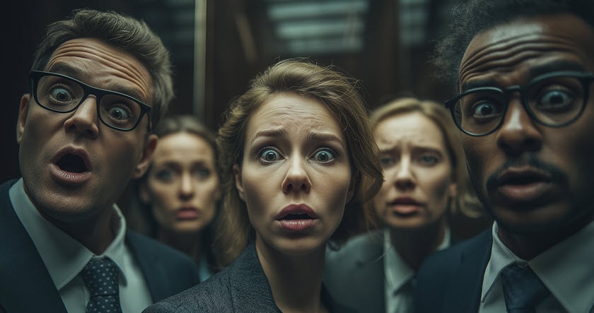 Five people in business attire stand close together, looking surprised or shocked, with wide eyes and open mouths, as if reacting to something unexpected in front of them.