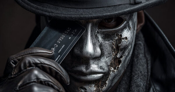 A person with a metallic, cracked face mask and black hat holds a credit card near their eye, wearing black leather gloves and a dark coat.