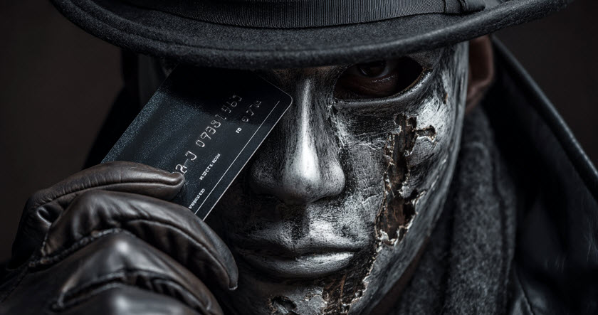 A person with a metallic, cracked face mask and black hat holds a credit card near their eye, wearing black leather gloves and a dark coat.