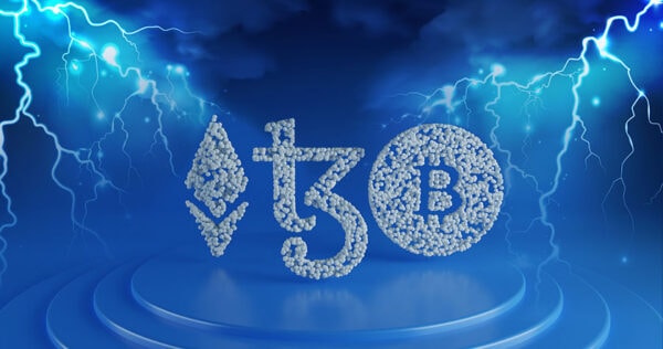 Ethereum, Tezos, and Bitcoin logos made of cloud-like shapes are displayed on blue platforms, with lightning bolts and a cloudy blue sky in the background.