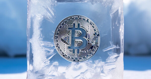 A physical representation of a Bitcoin is encased in a block of ice, with a blurred blue and white background.