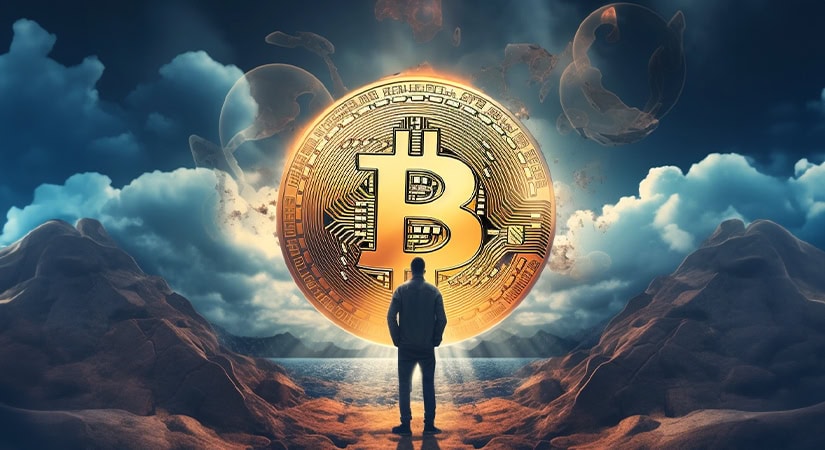 A person stands on a rocky shore, looking at a large glowing Bitcoin symbol in the sky with clouds and water in the background.
