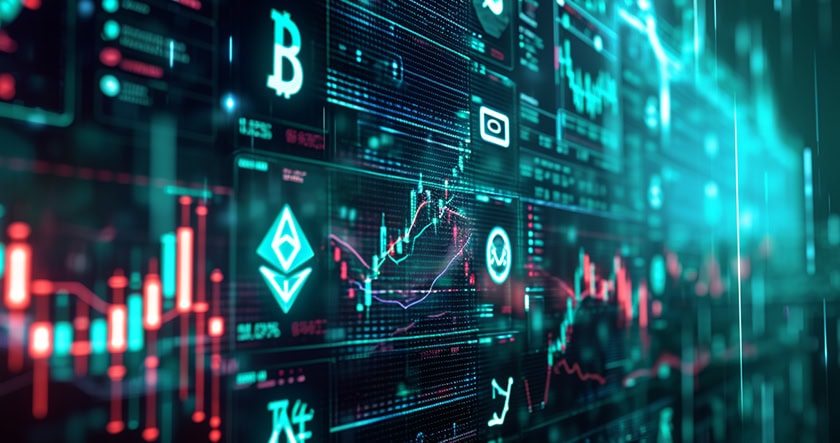 Digital display showing cryptocurrency symbols, charts, and graphs with various financial data and visualizations in a futuristic interface.