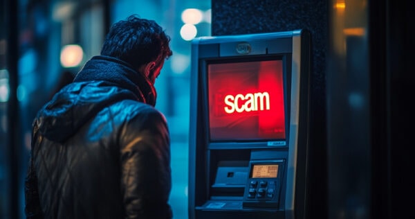 A man stands in front of an ATM displaying the word 