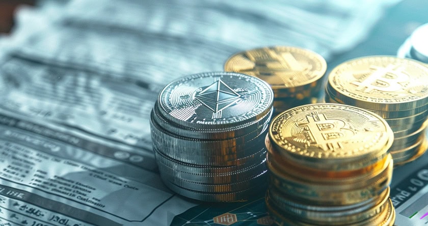 Stacks of silver Ethereum coins and gold Bitcoin coins are placed on financial newspapers with text and graphs, symbolizing cryptocurrency investment and economic analysis.