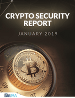 Cover of a report titled "Crypto Security Report January 2019" with a close-up image of a physical Bitcoin coin and BitIRA logo at the bottom.